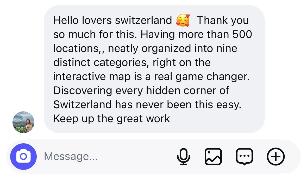 Instagram message from a Codex owner: &ldquo;Hello lovers switzerland. Thank you so much for this. Having more than 500 locations, neatly organized into nine distinct categories, right on the interactive map is a real game changer. Discovering every hidden corner of Switzerland has never been this easy. Keep up the great work&rdquo;