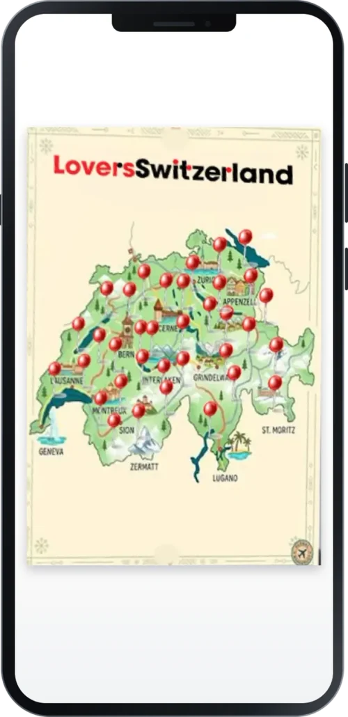 The LoversSwitzerland master map of Switzerland on a phone, dotted with red location pins