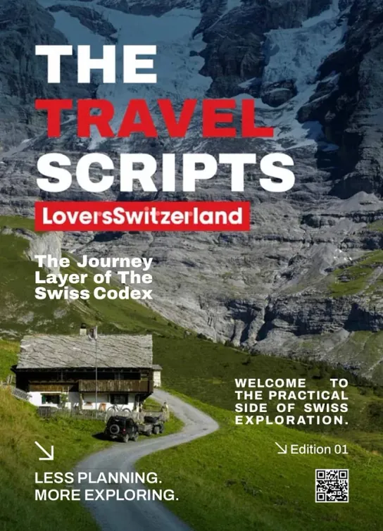 The Travel Scripts cover: an alpine chalet beneath a glacier wall
